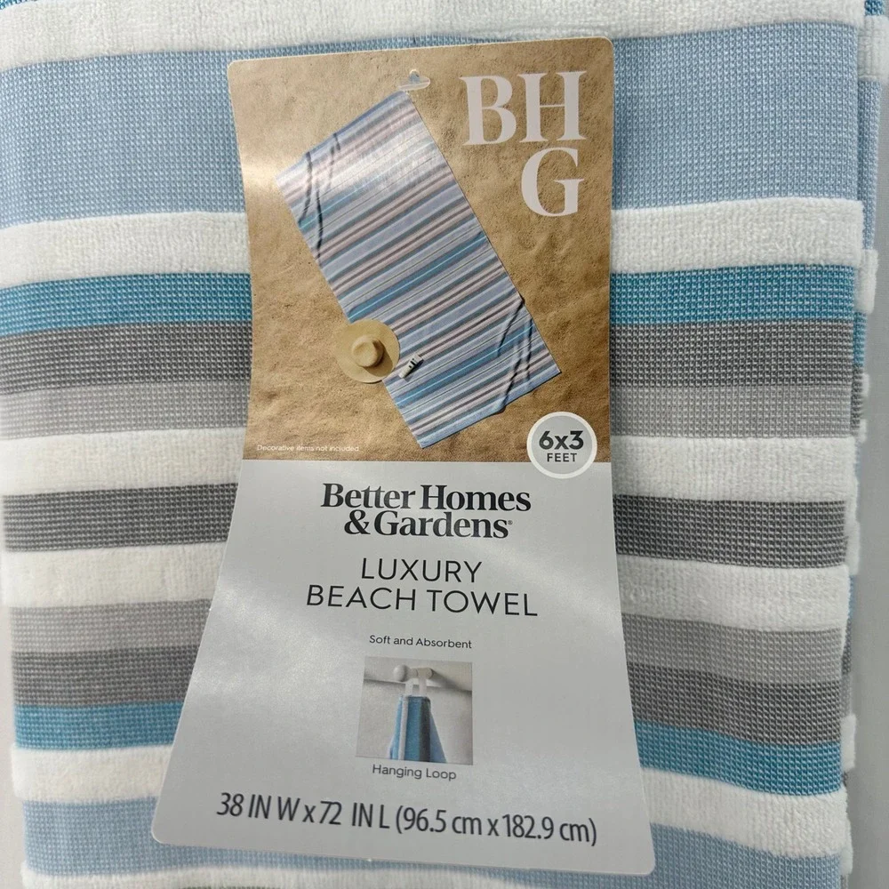 BHG 2PC Blue Gray St Tropez Stripe Beach Towels 6x3 Oversized Vacation Pool Soft